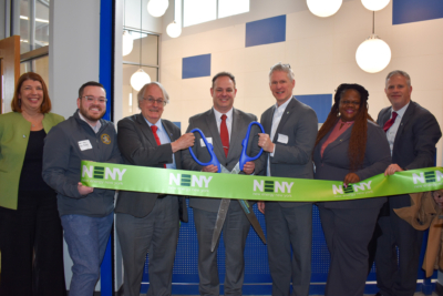 The New Energy Lab ribbon cutting. Pictured left to right: Broome-Tioga BOCES Superintendent Dr. Rebecca Stone, Governor Hochul's Southern Tier Regional Representative Harris Weiss, Nobel Laureate and co-inventor of the lithium-ion battery Dr. M. Stanley Whittingham, Chenango Forks Superintendent Tom Burkhardt, Associate Vice President of Innovation and Economic Development at Binghamton University Per Stromhaug, New York State Senator Lea Webb and Broome County Executive Jason Garnar.